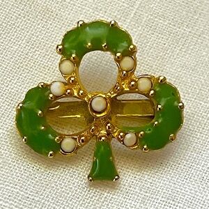 Vintage 1950s Four-Leaf Clover Brooch with Green Enamel & Milk Glass